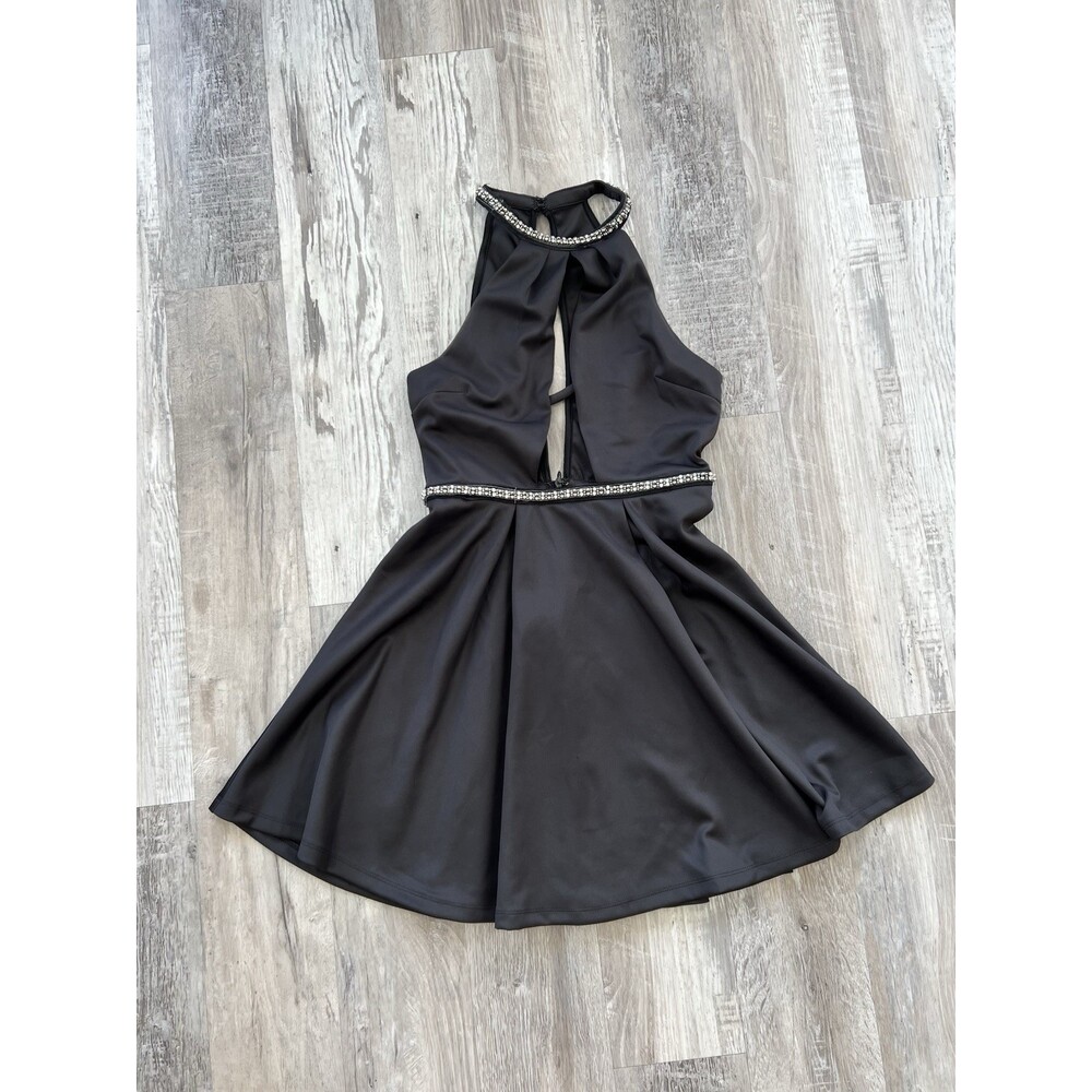 TOBI Black Stretch Halter Cut Out Front Bead & Rhinestone Trim A-Line Dress M